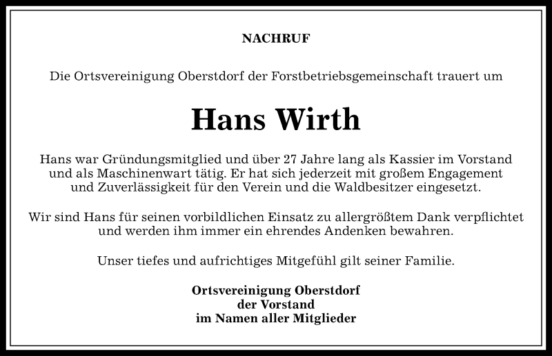  Traueranzeige für Hans Wirth vom 18.12.2017 aus Allgäuer Anzeigeblatt