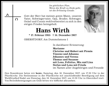 Traueranzeige von Hans Wirth von Allgäuer Anzeigeblatt