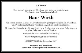 Traueranzeige von Hans Wirth von Allgäuer Anzeigeblatt