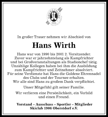 Traueranzeige von Hans Wirth von Allgäuer Anzeigeblatt