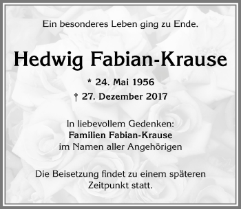 Traueranzeige von Hedwig Fabian-Krause von Allgäuer Zeitung, Kaufbeuren/Buchloe
