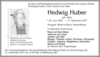 Traueranzeige von Hedwig Huber von Allgäuer Zeitung,Kempten