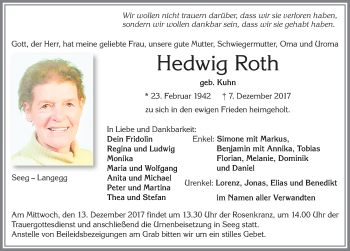Traueranzeige von Hedwig Roth von Allgäuer Zeitung, Füssen