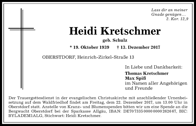  Traueranzeige für Heidi Kretschmer vom 18.12.2017 aus Allgäuer Anzeigeblatt