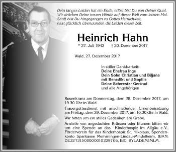 Traueranzeige von Heinrich Hahn von Allgäuer Zeitung, Marktoberdorf