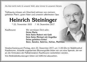 Traueranzeige von Heinrich Steininger von Allgäuer Zeitung, Kaufbeuren/Buchloe