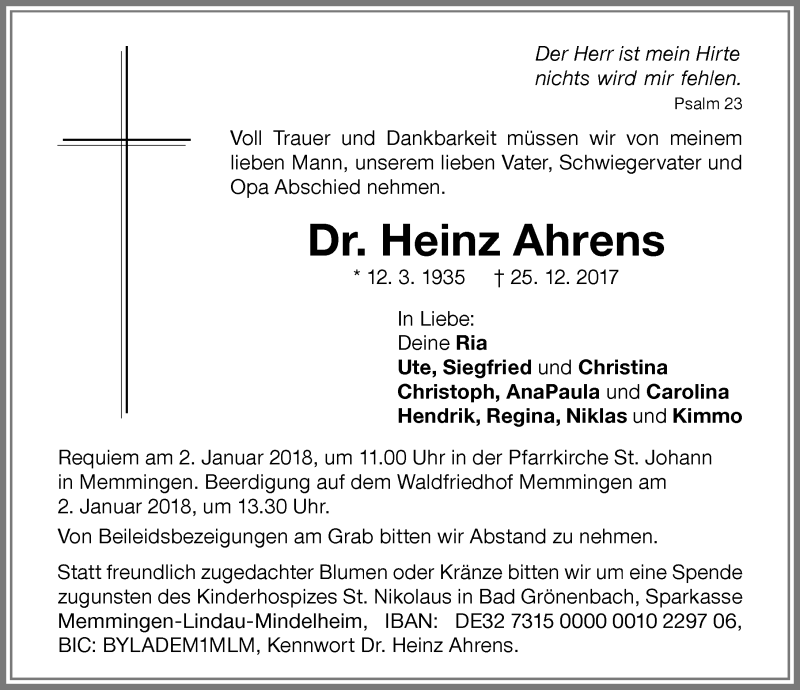 Traueranzeige für Heinz Ahrens vom 28.12.2017 aus Memminger Zeitung