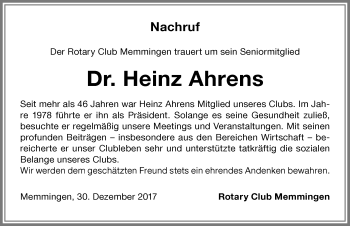 Traueranzeige von Heinz Ahrens von Memminger Zeitung