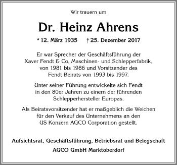 Traueranzeige von Heinz Ahrens von Allgäuer Zeitung, Gesamtausgabe