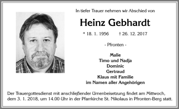 Traueranzeige von Heinz Gebhardt von Allgäuer Zeitung, Füssen