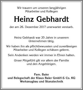 Traueranzeige von Heinz Gebhardt von Allgäuer Zeitung, Gesamtausgabe