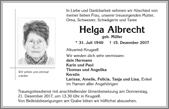 Traueranzeige von Helga Albrecht von Allgäuer Zeitung,Kempten