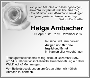 Traueranzeige von Helga Ambacher von Memminger Zeitung