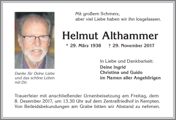 Traueranzeige von Helmut Althammer von Allgäuer Zeitung,Kempten