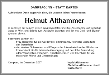 Traueranzeige von Helmut Althammer von Allgäuer Zeitung,Kempten