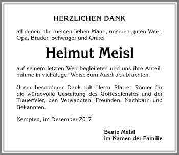 Traueranzeige von Helmut Meisl von Allgäuer Zeitung,Kempten