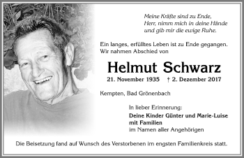 Traueranzeige von Helmut Schwarz von Allgäuer Zeitung,Kempten