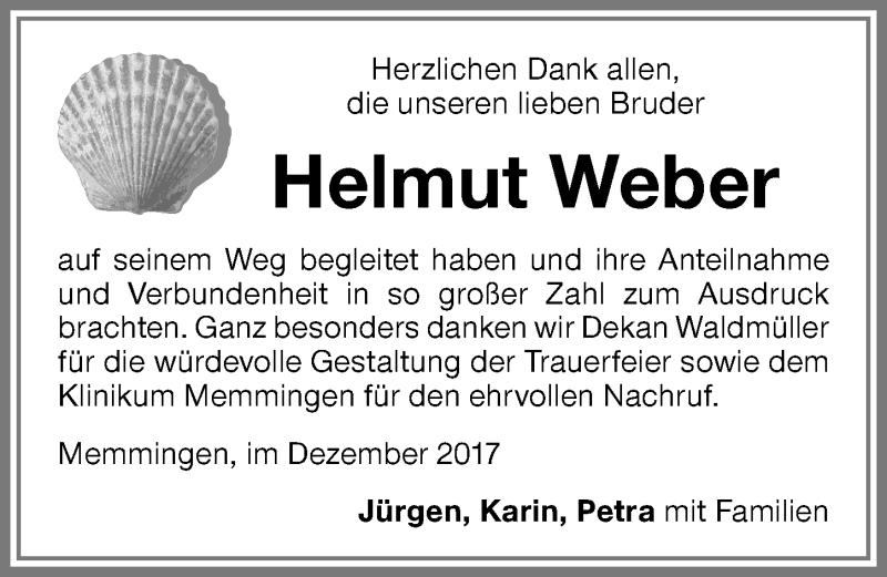  Traueranzeige für Helmut Weber vom 20.12.2017 aus Memminger Zeitung
