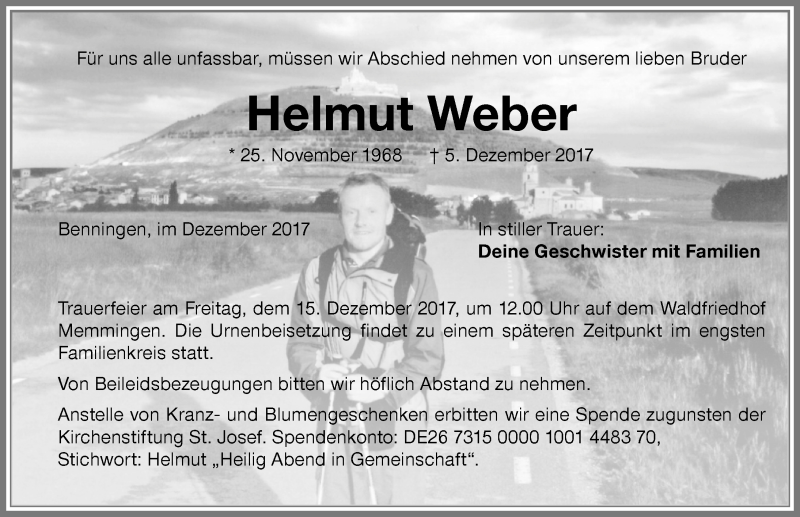  Traueranzeige für Helmut Weber vom 12.12.2017 aus Memminger Zeitung