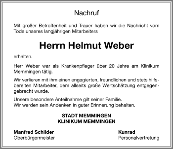 Traueranzeige von Helmut Weber von Memminger Zeitung