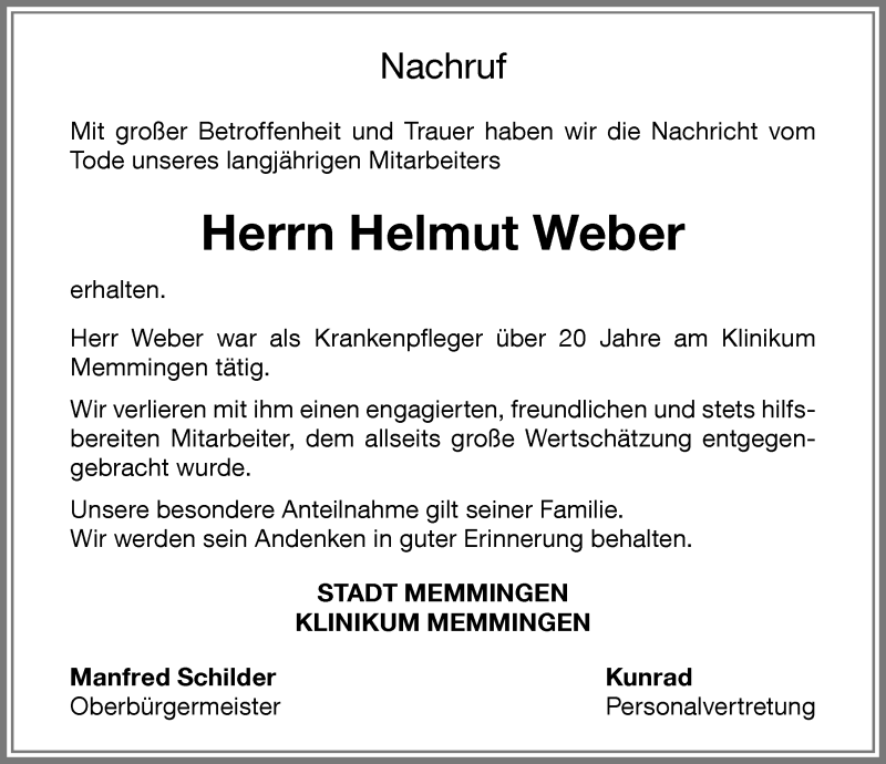  Traueranzeige für Helmut Weber vom 15.12.2017 aus Memminger Zeitung