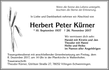 Traueranzeige von Herbert Peter Kürner von Allgäuer Zeitung,Kempten