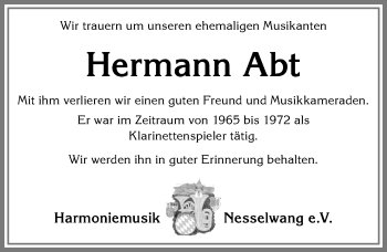 Traueranzeige von Hermann Abt von Allgäuer Zeitung, Füssen