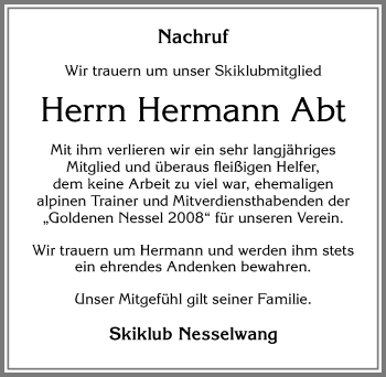 Traueranzeige von Hermann Abt von Allgäuer Zeitung, Füssen
