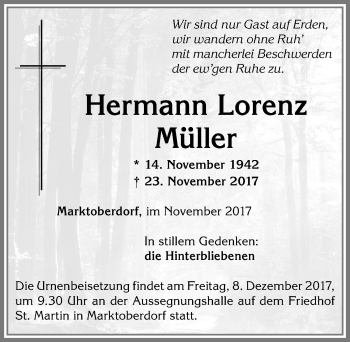 Traueranzeige von Hermann Lorenz Müller von Allgäuer Zeitung, Marktoberdorf