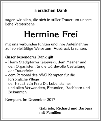 Traueranzeige von Hermine Frei von Allgäuer Zeitung,Kempten
