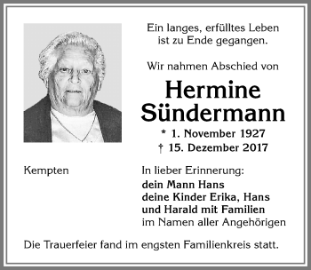 Traueranzeige von Hermine Sündermann von Allgäuer Zeitung,Kempten
