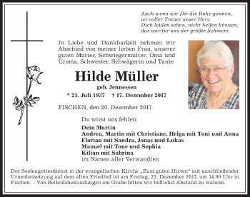 Traueranzeige von Hilde Müller von Allgäuer Anzeigeblatt