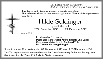 Traueranzeige von Hilde Suldinger von Allgäuer Zeitung,Kempten