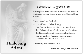 Traueranzeige von Hildeburg Adam von Der Westallgäuer