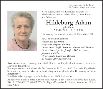 Traueranzeige von Hildeburg Adam von Der Westallgäuer