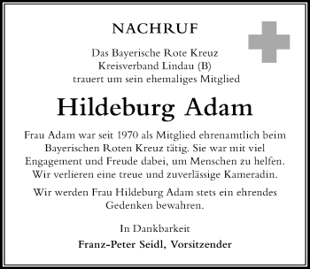 Traueranzeige von Hildeburg Adam von Der Westallgäuer