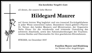 Traueranzeige von Hildegard Maurer von Allgäuer Anzeigeblatt