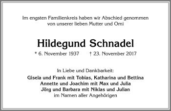 Traueranzeige von Hildegund Schnadel von Allgäuer Zeitung,Kempten