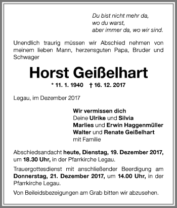Traueranzeige von Horst Geißelhart von Memminger Zeitung