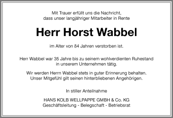Traueranzeige von Horst Wabbel von Memminger Zeitung
