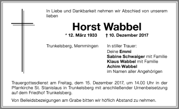 Traueranzeige von Horst Wabbel von Memminger Zeitung
