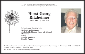 Traueranzeige von Horst Georg Ritzheimer von Allgäuer Zeitung,Kempten