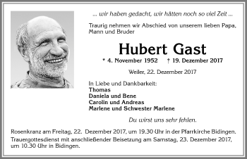 Traueranzeige von Hubert Gast von Allgäuer Zeitung, Marktoberdorf