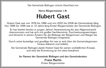 Traueranzeige von Hubert Gast von Allgäuer Zeitung, Marktoberdorf