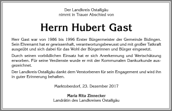 Traueranzeige von Hubert Gast von Allgäuer Zeitung