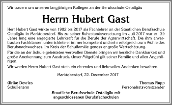 Traueranzeige von Hubert Gast von Allgäuer Zeitung, Marktoberdorf
