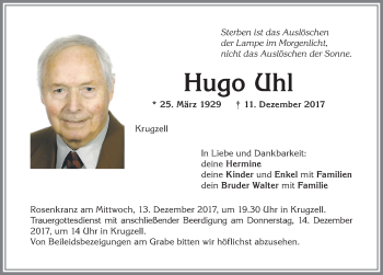 Traueranzeige von Hugo Uhl von Allgäuer Zeitung,Kempten
