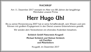 Traueranzeige von Hugo Uhl von Allgäuer Zeitung,Kempten