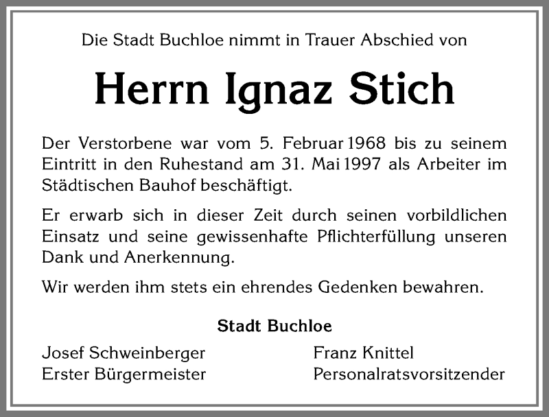  Traueranzeige für Ignaz Stich vom 11.12.2017 aus Allgäuer Zeitung, Kaufbeuren/Buchloe