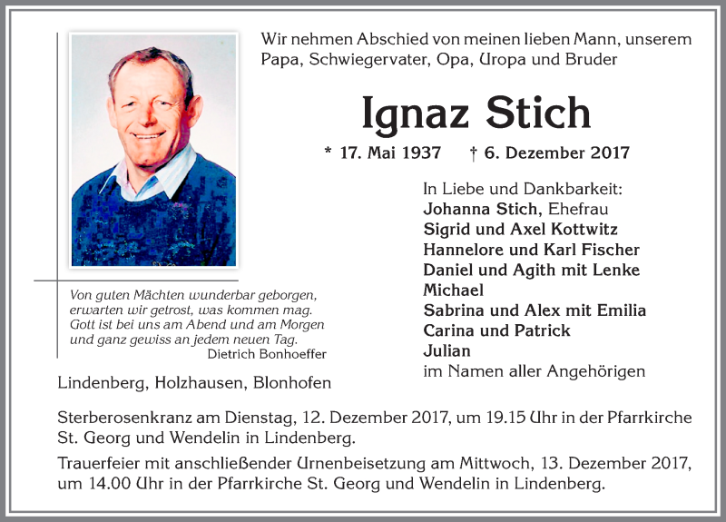  Traueranzeige für Ignaz Stich vom 09.12.2017 aus Allgäuer Zeitung, Kaufbeuren/Buchloe